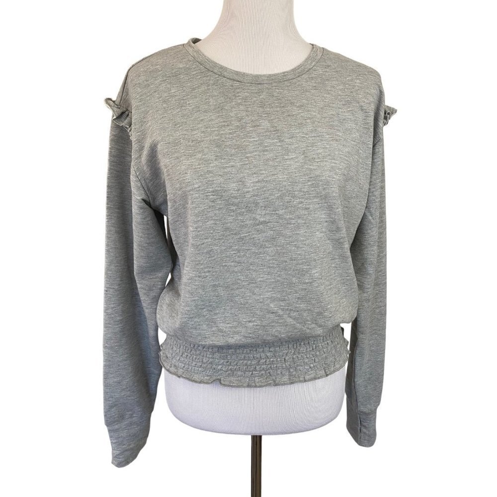 Jessica Simpson Active Gray Heather Ruffle Smocked Waist Crop Sweatshirt Large